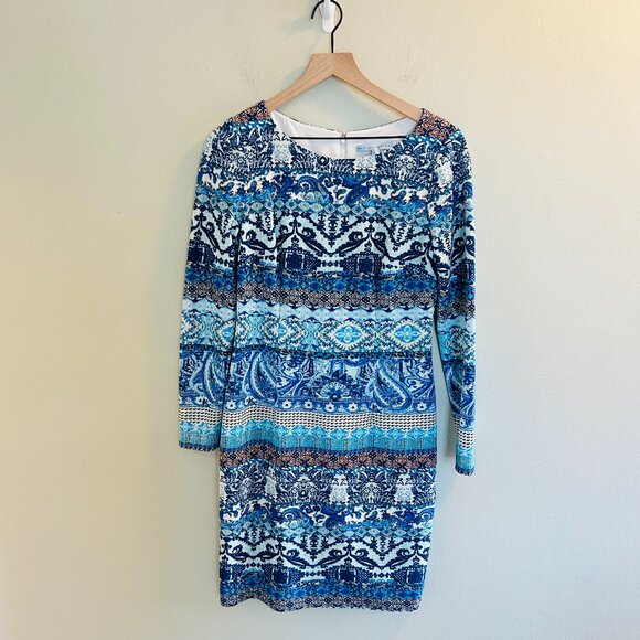 ANTONIO MELANI Blue Scuba Sheath Dress Womens Size 6 Abstract 3/4 Sleeve Work - Picture 2 of 9